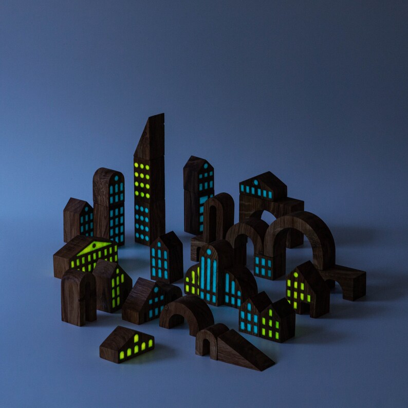 Educational Construction Toy Grada, Wooden city building blocks, Glow in the dark stacking blocks, Nursery decor, Kids room decor image 2