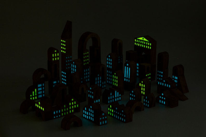 Educational Construction Toy Grada, Wooden city building blocks, Glow in the dark stacking blocks, Nursery decor, Kids room decor image 6