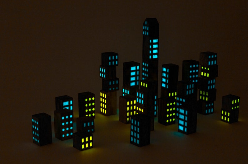 Educational Construction Toy Grada, Wooden city building blocks, Glow in the dark stacking blocks, Nursery decor, Kids room decor image 8