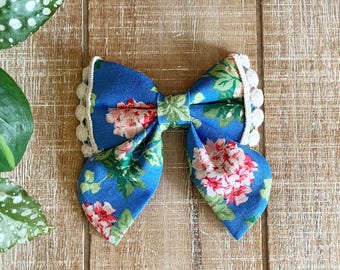 Hydrangea Blue sailor Bow for Dog, Pet Bow Tie, Pink Flower Cat Accessory, With Trim
