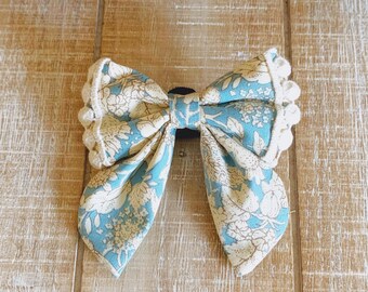 Dusty Teal Sailor Dog Bow Tie: Wildflower Trim, Boho Pet Accessory