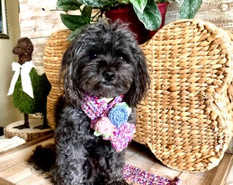 Crocheted Dog Scarf With Flowers, Acrylic Yarn Pet Accessory, Winter Warmth