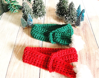 Crochet Christmas Dog Scarf with Pom Pom, Holiday Pet Costume