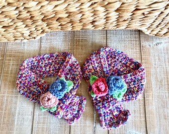 Crocheted Dog Scarf With Flowers, Acrylic Yarn Pet Accessory, Winter Warmth