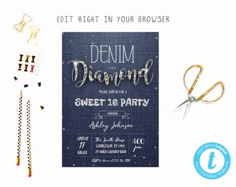 denim and diamonds invitation etsy denim and diamonds invitation