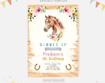 Horse birthday invitation, Editable template, Instant download, DIY invitation