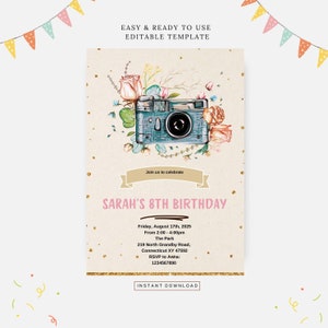 May include: A printable invitation for an 8th birthday party. The invitation features a vintage camera with floral accents and gold glitter. The text reads "Join us to celebrate Sarah's 8th Birthday". The invitation includes the date, time, location, and RSVP information.