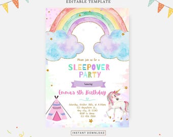 Unicorn sleepover birthday invitation, Editable template, Instant download, DIY invitation