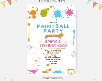 Paintballfödelsedagsfest, redigerbar mall, direktnedladdning, gör-det-själv-inbjudan
