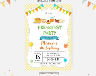 Cute breakfast birthday party invitation, Editable template, Instant download, DIY invitation