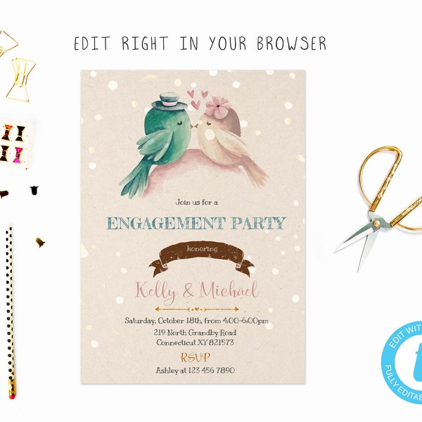 Love bird engagement party tem, TRY BEFORE you BUY, instant download, edit yourself invitation,Template Editable