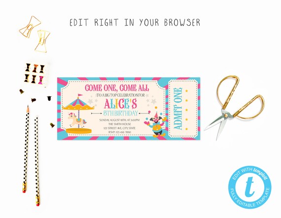 girly carnival ticket invitation try before you buy instant download edit yourself invitation template editable carnival ticket invitation template