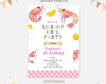 May include: Printable invitation for a shrimp boil party celebrating a 5th birthday. The invitation features a pink and white gingham pattern, a shrimp illustration, and the text "Shrimp Boil Party" and "Madison's 5th Birthday".