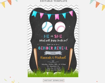 Baseball Gender Reveal Einladung, bearbeitbare Vorlage, Sofort-Download, DIY-Einladung