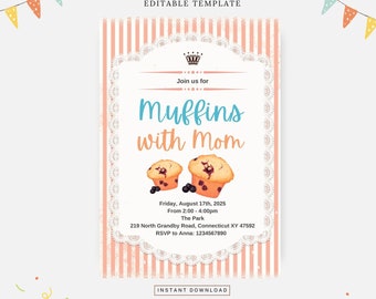 Muffins med mammafest, redigerbar mall, direktnedladdning, gör-det-själv-inbjudan