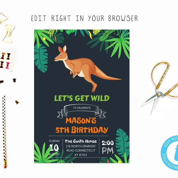 Kangaroo birthday theme invitation, TRY BEFORE you BUY, instant download, edit yourself invitation,Template Editable