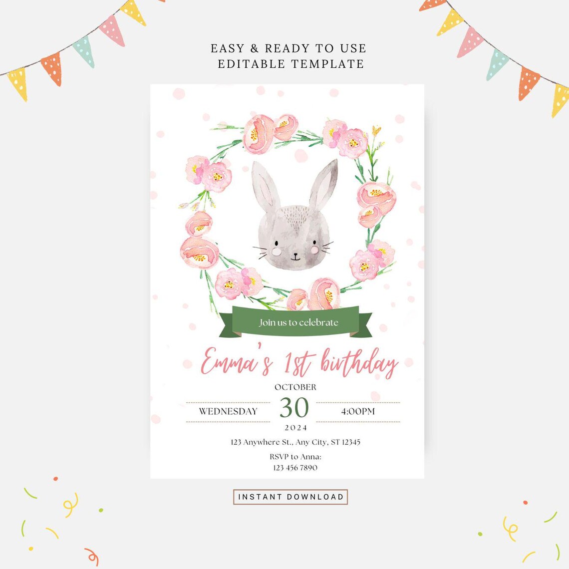 Bunny Rabbit Birthday Invitation, Editable Template, Instant Download ...