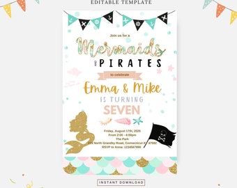 Sjöjungfru- och piratfödelsedagsfest, redigerbar mall, direktnedladdning, gör-det-själv-inbjudan