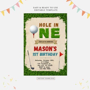 Hole in ONE zaproszenie urodzinowe, edytowalny szablon, natychmiastowe pobranie, zaproszenie DIY