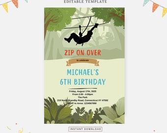 Peut inclure: Une invitation d'anniversaire sur le thème de la jungle. L'invitation présente une silhouette d'une personne faisant de la tyrolienne, avec le texte "ZIP ON OVER" et les détails de l'anniversaire des 6 ans de Michael.