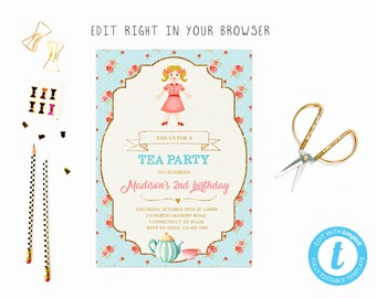 Tea doll party tem, TRY BEFORE you BUY, instant download, edit yourself invitation,Template Editable