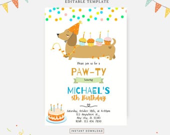Dachshund birthday invitation, Editable template, Instant download, DIY invitation