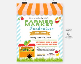 Pode incluir: Um panfleto colorido para uma arrecadação de fundos do mercado de agricultores na Sunshine High School. O panfleto apresenta uma imagem de desenho animado de uma banca de frutas e vegetais, com o texto "Mercado de Agricultores Arrecadação de Fundos" em letras grandes e em negrito. O evento está programado para domingo, 18 de junho de 2026, das 15h às 21h. O panfleto também menciona música ao vivo, comida e bebidas, um prêmio de rifa e muito mais.
