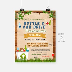 Folleto de recaudación de fondos de latas y botellas, plantilla editable, descarga instantánea, folleto de bricolaje, póster