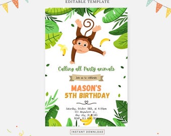 Convite de aniversário para chá de macaco, modelo editável, download instantâneo, convite faça você mesmo
