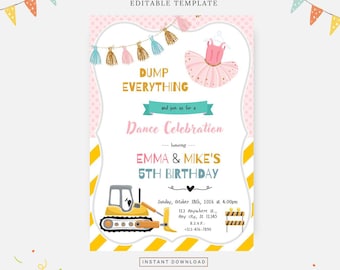 Truck and tutus birthday party invitation, Editable template, Instant download, DIY invitation