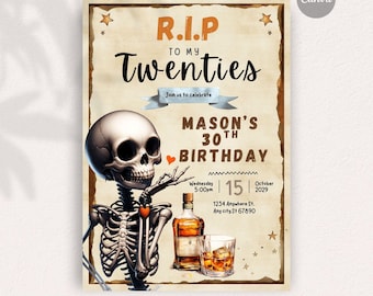 Death to his 20s to his 30 whiskey invitation, Instant Download, Editable invitation, Digital Stationery, Fully Personalizable