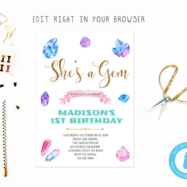 Cute shes a gem theme party tem, TRY BEFORE you BUY, instant download, edit yourself invitation,Template Editable