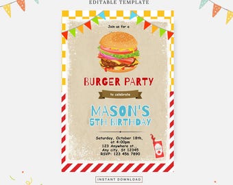 Convite Cheeseburger, Modelo editável, Download instantâneo, Convite DIY