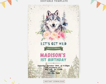 Wolf girl birthday party invitation, Editable template, Instant download, DIY invitation