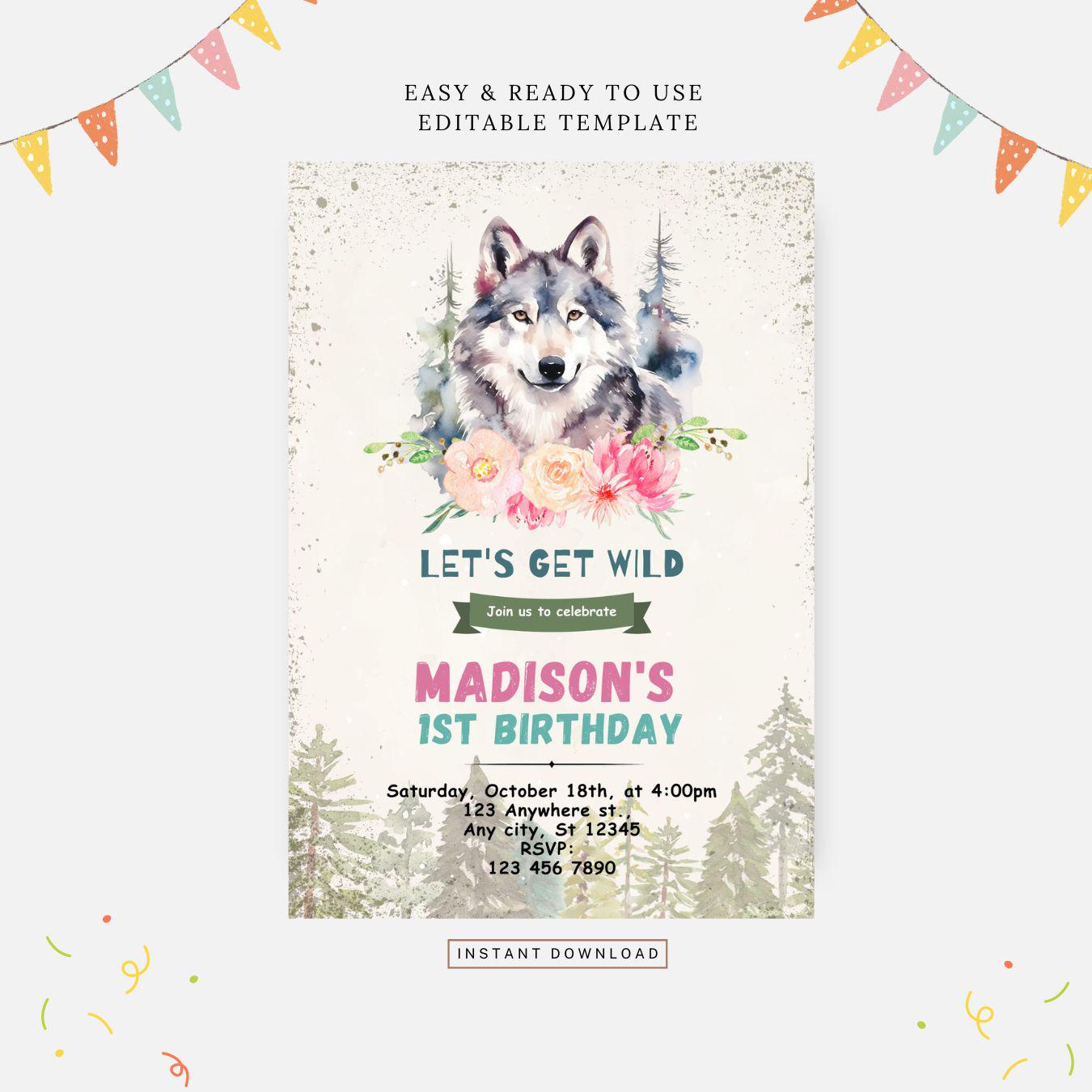 wolf-girl-birthday-party-invitation-editable-template-instant-download-diy-invitation-etsy