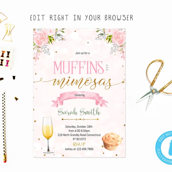 Muffins and Mimosas party tem, TRY BEFORE you BUY, instant download, edit yourself invitation,Template Editable