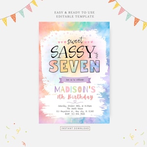 Sweet Sassy and seven tie dye birthday invitation, Editable template, Instant download, DIY invitation