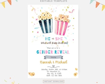Popcorn gender reveal invitation, Editable template, Instant download, DIY invitation