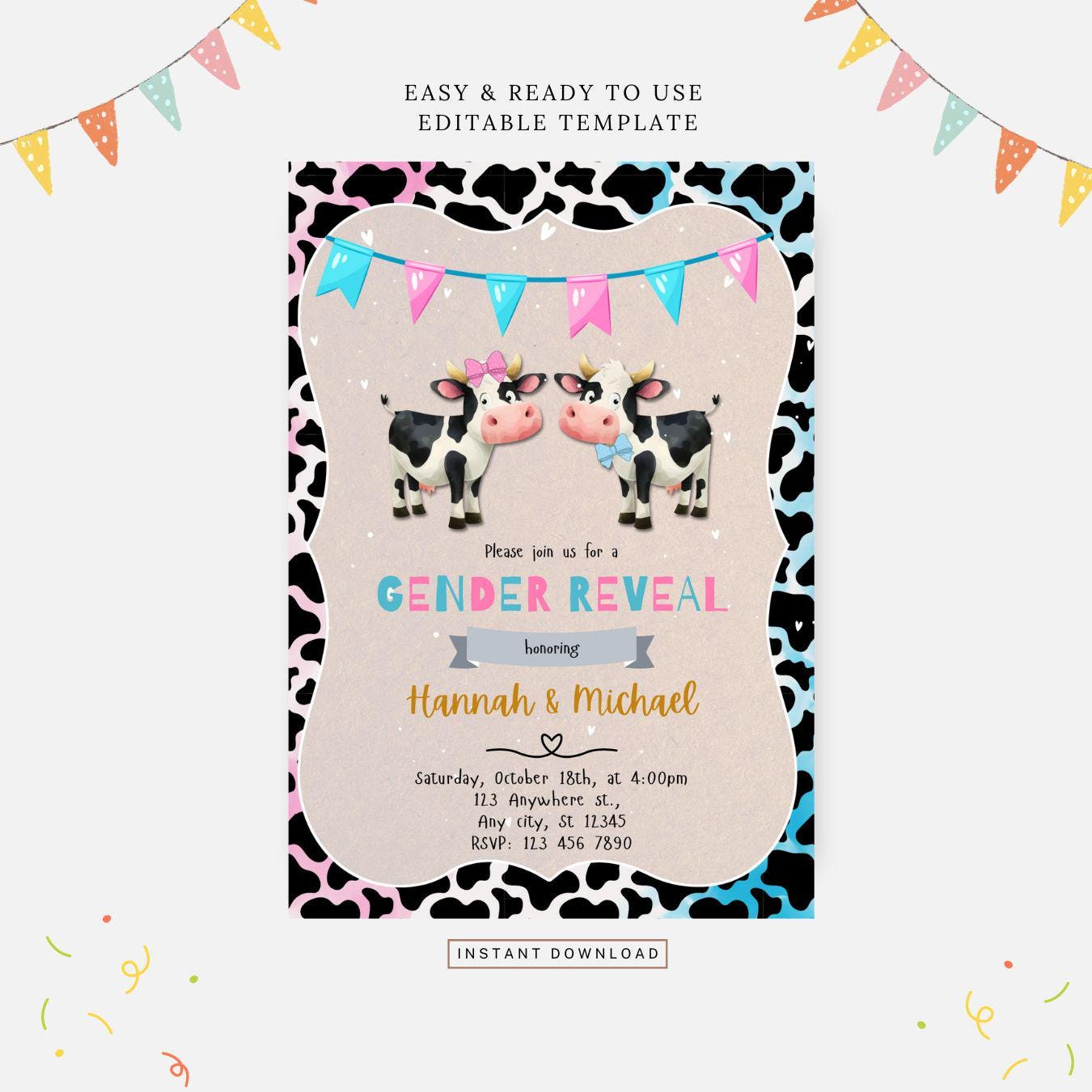 Cute cow gender reveal invitation, Editable template, Instant download, DIY invitation