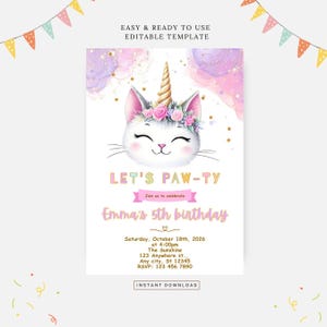 Puede incluir: Una invitación de cumpleaños imprimible con un lindo gato de dibujos animados con un cuerno de unicornio y una corona de flores. La invitación es rosa y morada con estrellas doradas brillantes y el texto "Let's Paw-ty" y "Emma's 5th Birthday".