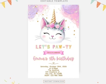 May include: A printable birthday invitation featuring a cute cartoon cat with a unicorn horn and a flower crown. The invitation is pink and purple with gold glitter stars and the text "Let's Paw-ty" and "Emma's 5th Birthday".