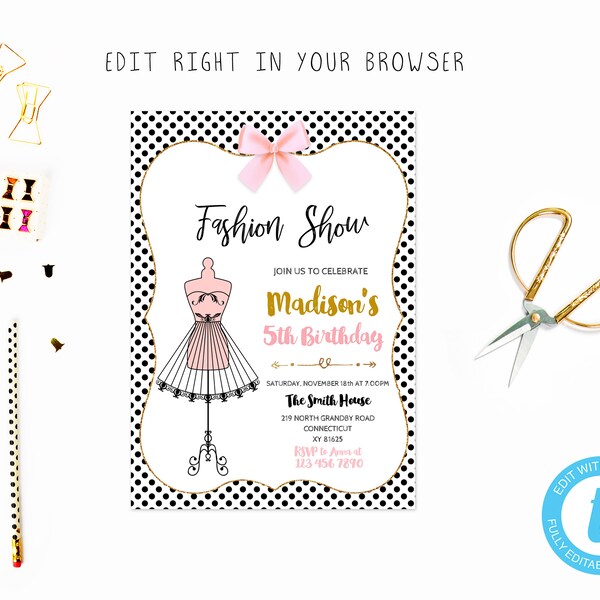 Fashion diva birthday party tem, TRY BEFORE you BUY, instant download, edit yourself invitation,Template Editable