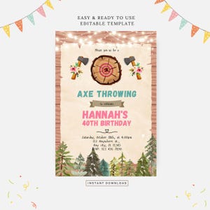 Op de afbeelding: Een uitnodiging voor een bijlwerpfestival om een 40e verjaardag te vieren. De uitnodiging heeft een rustieke houten achtergrond met een doelwit en twee bijlen, samen met bloemmotieven. De tekst luidt "Wordt u alstublieft lid van ons voor een bijlwerpen om de 40e verjaardag van Hannah te vieren." De uitnodiging bevat ook de datum, tijd en locatie van het feest.
