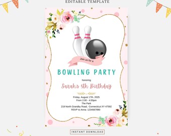 Flower glitter bowling party, Editable template, Instant download, DIY invitation