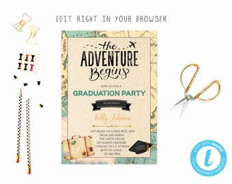 Travel Theme Graduation Invitation, TRY BEFORE you BUY, instant download, edit yourself invitation,Template Editable