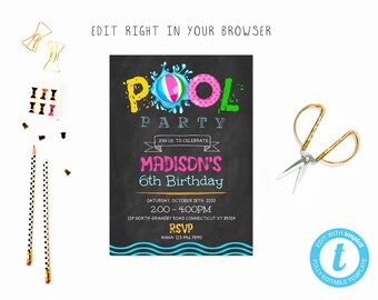 Pool chalkboard card tem, TRY BEFORE you BUY, instant download, edit yourself invitation,Template Editable