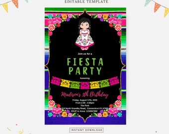 May include: A colorful printable invitation for a Fiesta party celebrating a child's 5th birthday. The invitation features a cartoon girl in a traditional Mexican dress, colorful flowers, and the text "Join us for a Fiesta Party honoring Madison's 5th Birthday".