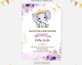 May include: Purple and gold baby shower invitation with a cute cartoon elephant wearing a crown. The invitation includes the text "Join us for a baby shower honoring Kelly Smith".