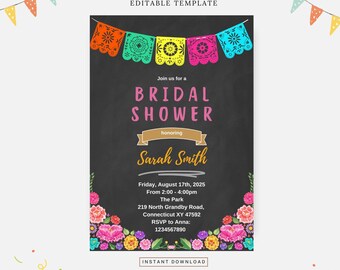 May include: A black chalkboard style bridal shower invitation with colorful paper flags and floral accents. The invitation reads "Join us for a Bridal Shower honoring Sarah Smith" and includes the date, time, location, and RSVP information.