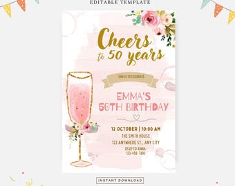 Champagner-Prost zur Einladung, bearbeitbare Vorlage, Sofort-Download, DIY-Einladung
